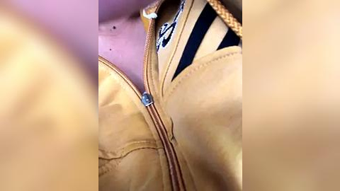 Media: Close-up video of a light brown leather jacket with a zipper, showing the textured fabric and a glimpse of a black interior lining. The focus is on the zipper and the jacket's edge.