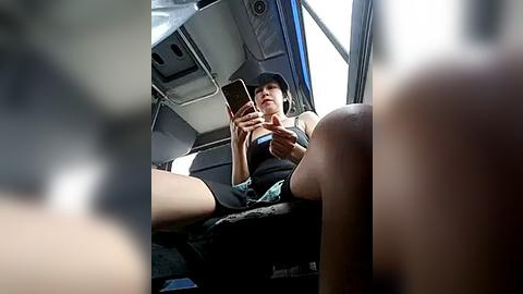 Media: Video of a young Asian woman with short hair, wearing a black tank top and shorts, seated in a bus, using a smartphone, legs spread, window view.