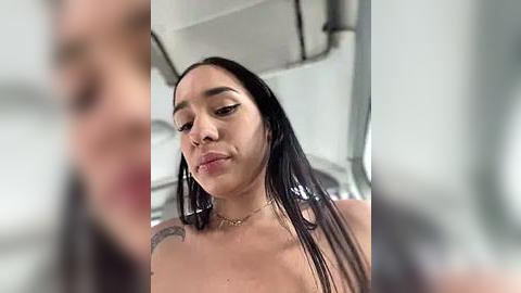 Media: A video of a young, light-skinned woman with straight black hair, wet from a shower, wearing a gold necklace, and no top, standing in a modern bathroom with metallic fixtures and a blurred figure in the background.