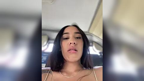 Media: Video of a young woman with long dark hair, light skin, and medium build, wearing a spaghetti-strap top, sitting in a car.