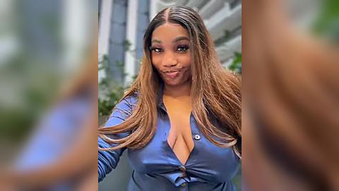 Media: Video of a young Black woman with long, ombre hair, wearing a blue button-up shirt with a deep neckline, standing outdoors in front of modern buildings.