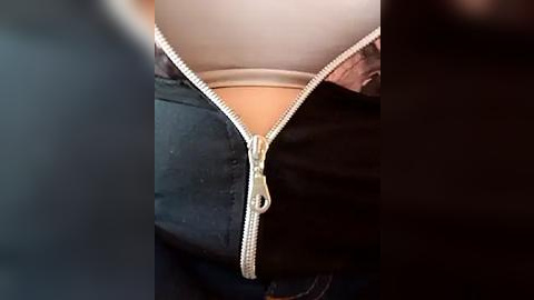 Media: Video of a woman's torso in a beige bra, unzipped black jacket, revealing her cleavage. The focus is on the zipper and the slight curve of her breasts.