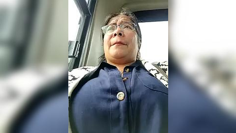 Media: Video of a middle-aged Asian woman with glasses, wearing a navy blue button-up shirt, seated in a car with a blurred exterior view.