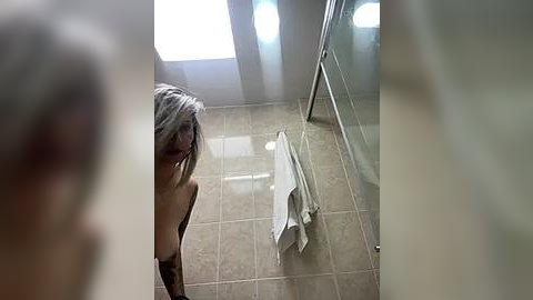 Media: Video of a nude, elderly woman with gray hair, standing in a tiled bathroom, holding a white towel, looking down at the floor.