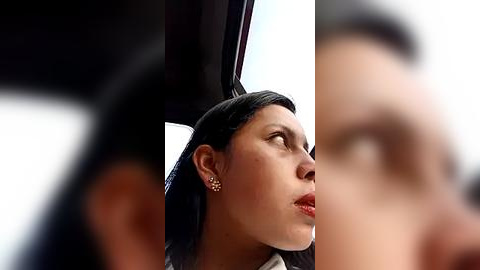 Media: Video of a woman with straight black hair, wearing a black shirt, and a pair of round earrings, looking contemplative through a car window.