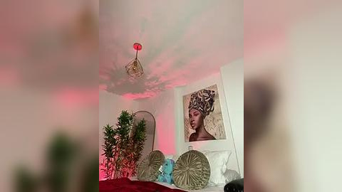 Media: Video of a bedroom with a large, framed portrait of a woman with an elaborate hairstyle, surrounded by decorative pillows and a green plant, under soft pink lighting.