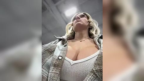 Media: A low-angle video captures a blonde woman with shoulder-length hair, wearing a plunging neckline sweater, standing in a dimly lit room with exposed ceiling beams.