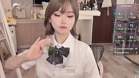 Media: Video of a young, light-skinned Asian woman with short, gray hair in a modern, well-lit kitchen. She wears a white blouse with a black plaid bow tie, and a makeup artist applies foundation on her left cheek.