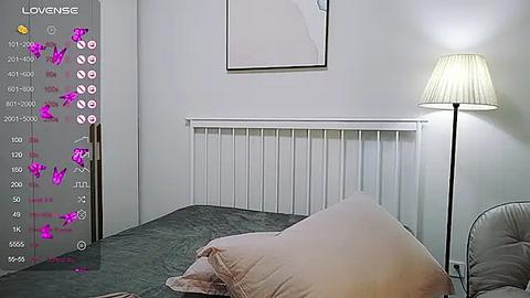 Media: Video of a minimalist bedroom with a white metal bed, beige pillows, and a grey throw blanket. A tall, modern floor lamp with a white shade casts soft light. A digital clock with pink butterfly icons displays time.