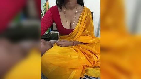 Media: Video of a woman in a red blouse and yellow sari, sitting, with blurred background, in a domestic setting.