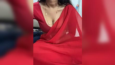 Media: Video of a woman with long, dark hair wearing a red, see-through saree with a deep V-neck, revealing her cleavage. She's seated, with a blurred background featuring a blue and white patterned cushion.