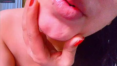 Media: Close-up video of a person's lips and hands, featuring a light-skinned individual with red-painted nails gently pinching their lower lip. Background is blurred, focusing on the close-up detail of the skin texture and nail polish.