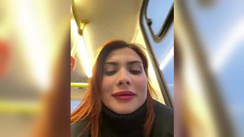 Media: A video of a smiling woman with long red hair and fair skin, wearing a black turtleneck, seated in a bus with a yellow light illuminating the interior.