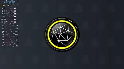 Media: Video of a black, textured wall with a circular logo featuring a geometric, black-and-white pattern surrounded by a bright yellow border. Left side shows a detailed graphic user interface with various icons and text.