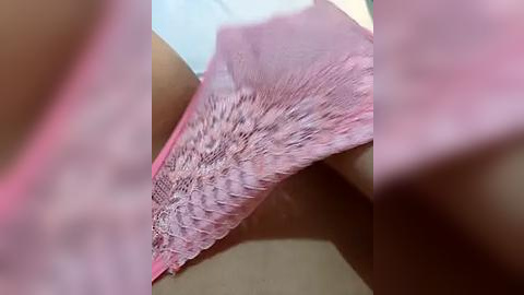 Media: Close-up video of a woman's lower torso in pink lace panties, with a blurred background, showcasing delicate fabric texture and soft light.