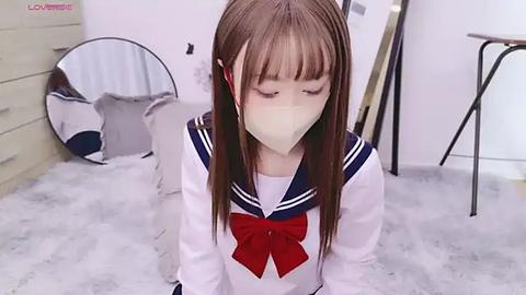 Media: Video of a young Asian woman with long brown hair, wearing a school uniform, kneeling on a white floor, in a room with a round mirror and a tripod.