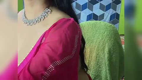 Media: A video of a woman in a vibrant pink sari with intricate white embroidery, adorned with a silver floral necklace, standing against a geometric-patterned blue and white wall. A green towel is draped over her shoulder.