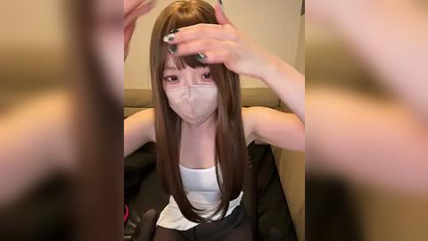 Media: Video of an East Asian woman with long brown hair, wearing a white tank top and black skirt, sitting on a chair, adjusting her face mask with both hands, blurred background.