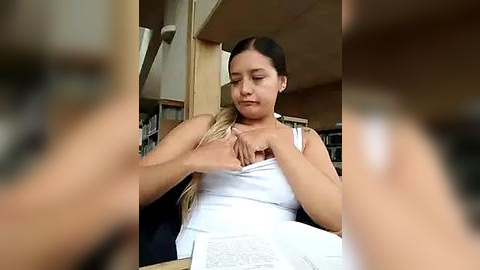 Media: A video shows a Latina woman with long, blonde hair, wearing a white tank top, seated and looking contemplative, holding a book, in a dimly lit room.