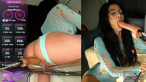 Media: Video of a woman with long black hair, wearing a blue mesh top, giving a blowjob. A man's erect penis is inserted in her mouth.