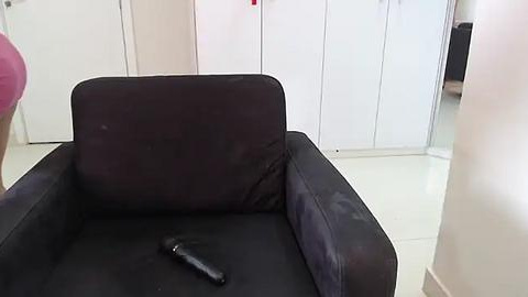 Media: Video of a black, plush armchair with a worn cushion, featuring a remote control on its seat. Background shows a white closet and a pink item, likely a piece of furniture, in a well-lit room.