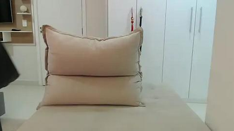 Media: A video of a modern, minimalist bedroom with two large beige cushions on a cream-colored tufted bench. The background features white built-in wardrobes and a minimalist shelf unit. The room is bright and clean, with a contemporary design.