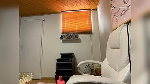 Media: Video of a small, cozy room with a white leather recliner, orange window blinds, black filing cabinet, and a white door.