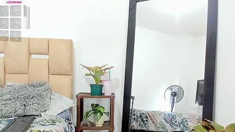 Media: Video of a modern, minimalist bedroom with beige tufted headboard, gray and white floral-patterned bedding, a wooden bedside table holding a green plant, a black wall-mounted fan, and a large mirror reflecting the room's simplicity.