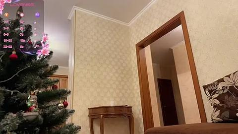 Media: Video of a cozy living room with a decorated Christmas tree, patterned wallpaper, wooden furniture, and a mirror.