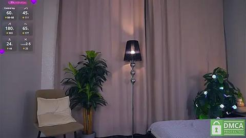 Media: Video of a modern bedroom with beige curtains, a tall black floor lamp, a beige armchair with a yellow cushion, and a large green potted plant.