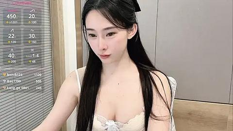 Media: A video of an East Asian woman with long black hair and pale skin, wearing a lacy white bra, sitting in front of a window with a calendar in the background.