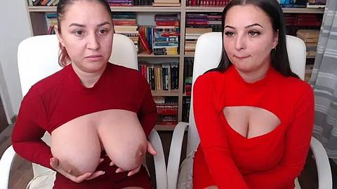 Media: Video of two women with fair skin, one in a red dress and the other in a red top exposing her large breasts, seated in a room with a bookshelf filled with colorful books in the background.