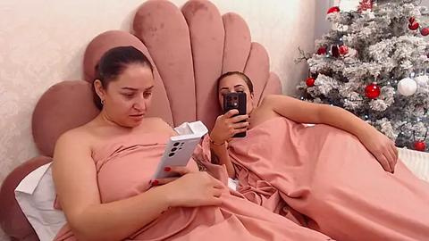 Media: Video of a Latina woman with medium skin tone, dark hair in a bun, wearing a pink strapless dress, reading a book while lying in a pink upholstered bed, beside a man with a dark complexion, wearing a pink robe, looking at his phone. A decorated Christmas tree is in the background.