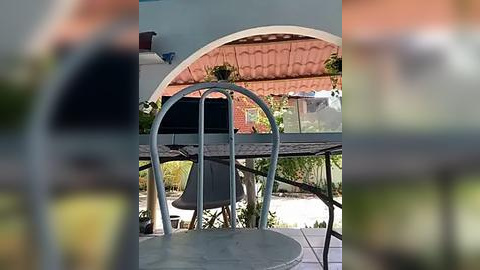 Media: Video of an outdoor patio with a weathered metal chair and table, surrounded by potted plants, under a tiled roof, with a blurred background of a garden.