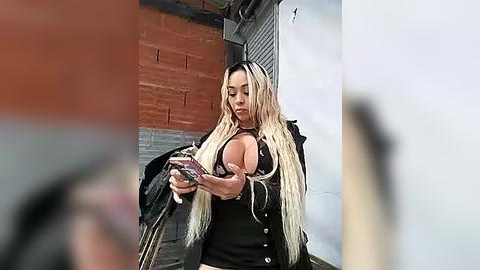 Media: Video of a curvy woman with long blonde hair, wearing a black outfit, holding a phone, standing in front of a brick wall and shuttered windows.