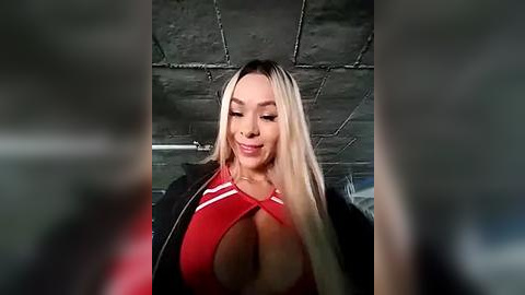 Media: Video of a blonde woman with long hair and large breasts wearing a low-cut red top and black jacket, smiling against a gritty, industrial background with exposed pipes and concrete ceiling.