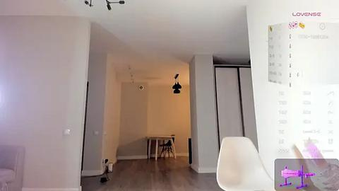 Media: Video of a minimalist, modern apartment with white walls, light wood floors, a white chair, and a calendar.