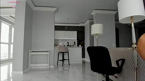 Media: Video of a modern, minimalist kitchen with white cabinetry, black stools, and a black chair, surrounded by sleek white marble floors and walls, featuring a tall white lamp.