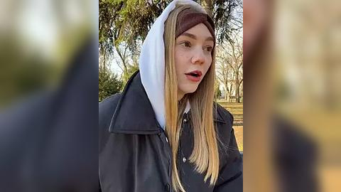 Media: Video of a young woman with long blonde hair, wearing a white headscarf and black jacket, in a blurred outdoor park setting with trees and sunlight.