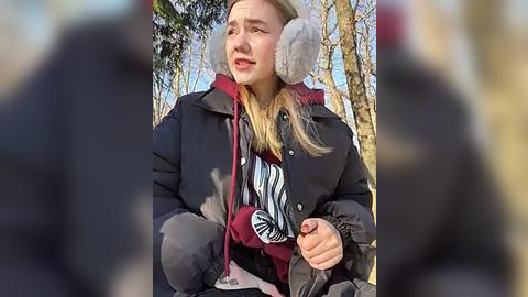 Media: Video of a woman in winter attire, including a black coat, red scarf, and white earmuffs, standing in a snowy forest.