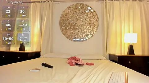 Media: Video of a serene, modern bedroom with beige walls, a circular, ornate gold mirror, two white lamps, and a neatly made bed. A pink cloth lies on the bed, and a black remote control rests on the white duvet.