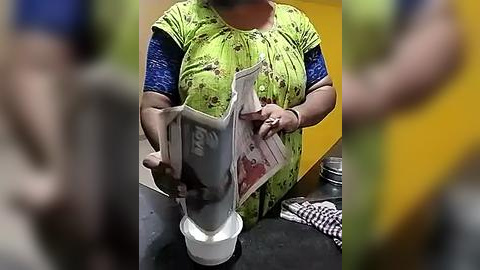 Media: Video of an Indian woman in a green blouse with blue sleeves, holding a white plastic jug and a pink newspaper, in a modern kitchen with yellow walls and black floor tiles.