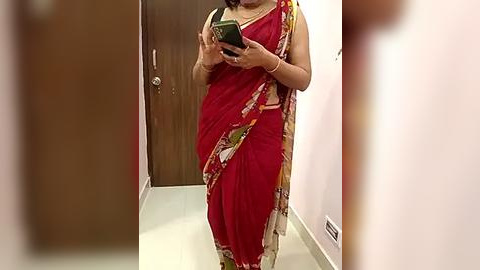 Media: Video of a South Asian woman in a red saree with floral patterns, holding a smartphone. She stands in a narrow hallway with light walls and a wooden door.