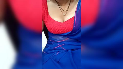 Media: Video of a woman in a blue saree with a red blouse, showcasing her cleavage, against a blurred, vibrant background.