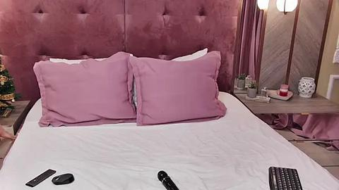 Media: Video of a plush, pink velvet headboard bed with two matching pink pillows, a white duvet, a remote, and a black keyboard on the bed, alongside a beige nightstand with a lamp, potted plants, and a framed photo.