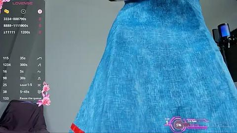 Media: Video of a blue textured dress with red trim, displayed on a grey background. On the left, a virtual reality headset shows a numerical menu with options.