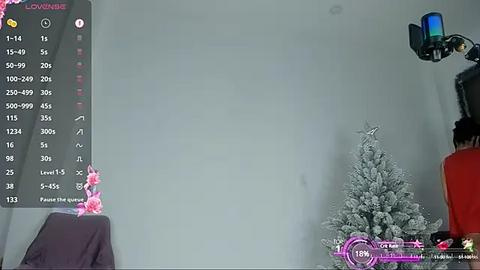 Media: Video of a modern, minimalist room with a large, snowy Christmas tree and a bright pink flower arrangement on a dark table. A person wearing a red jacket stands on the right, holding a camera.