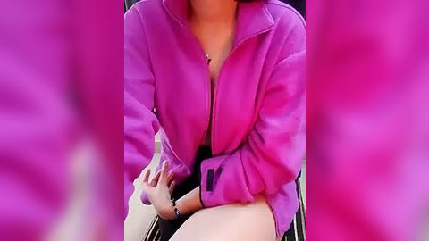 Media: Video of a woman in a vibrant pink jacket with a zippered front, sitting on a bench. The background is blurred, emphasizing the jacket's bold color and soft texture.