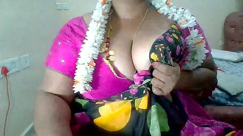 Media: A video of a woman with medium skin tone, wearing a vibrant, low-cut pink sari with floral patterns and a white garland, revealing ample cleavage. She sits on a bed in a simple, indoor setting.