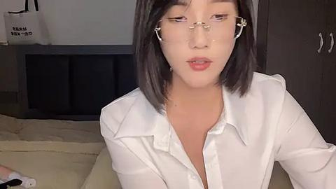 Media: Video of a young Asian woman with straight black hair, wearing white blouse, glasses, and headphones, sitting indoors with beige carpet and dark furniture.